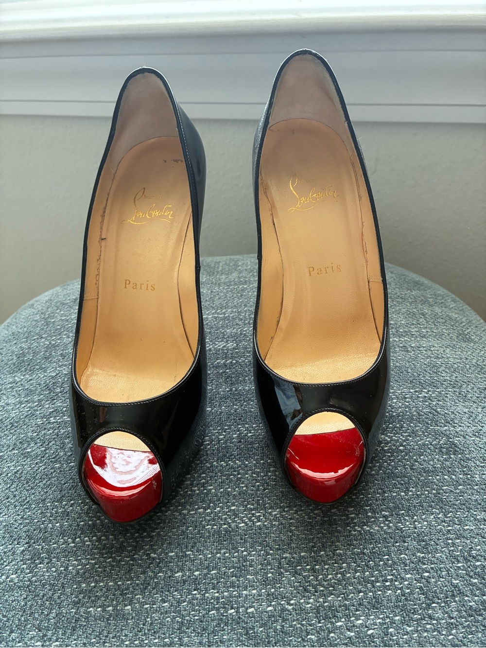 Christian Louboutin Black Patent Peep-Toe Pumps with Red Toe Cap